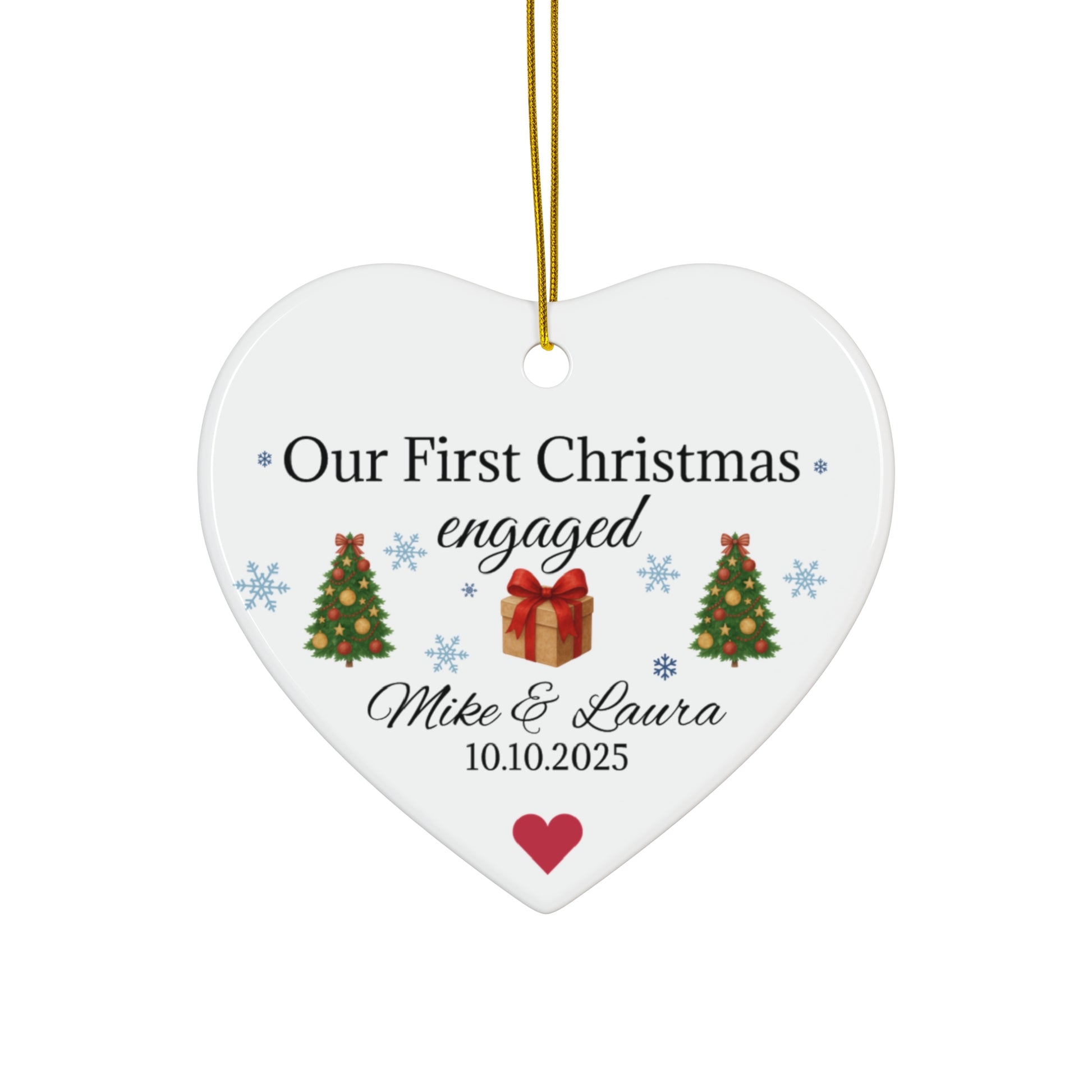 Personalized First Christmas engaged heart ornament with names and date, featuring a festive holiday design.