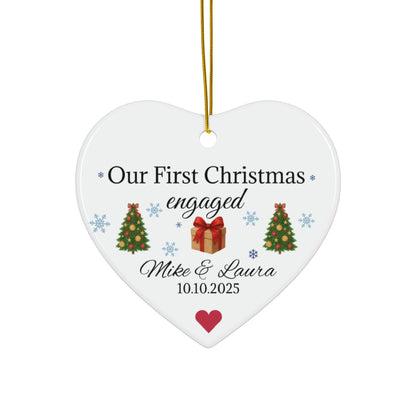Personalized First Christmas engaged heart ornament with names and date, featuring a festive holiday design.