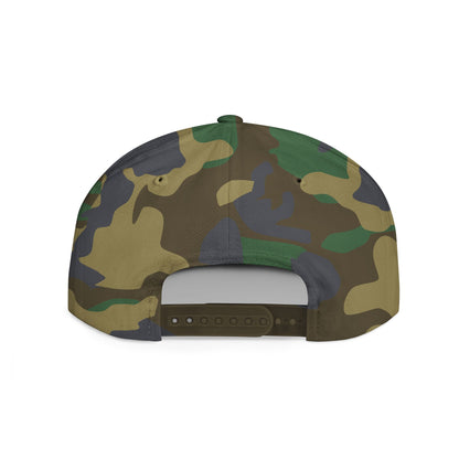 Printify minimalist hand gesture flat bill snapback hat, stylish black hat with a simple white hand symbol on the front.