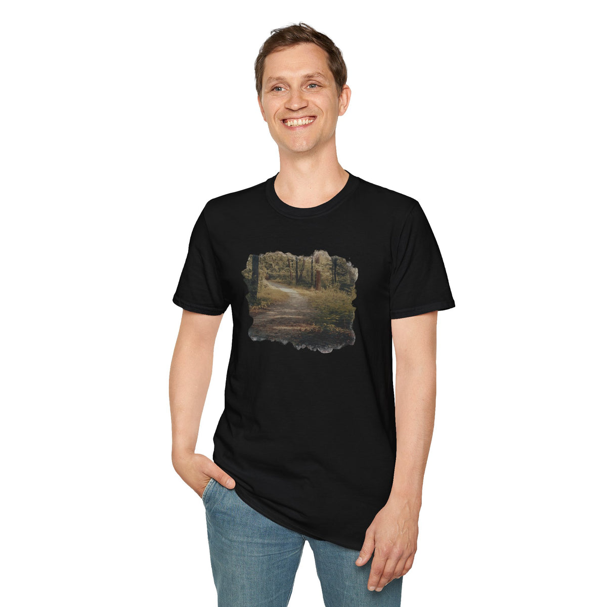 Vintage forest landscape T-shirt by Printify featuring a nature pathway design on a casual cotton tee.