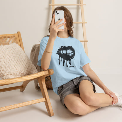 Black graphic t-shirt from Printify featuring a dripping lips 'hmm...' bite design on the front.