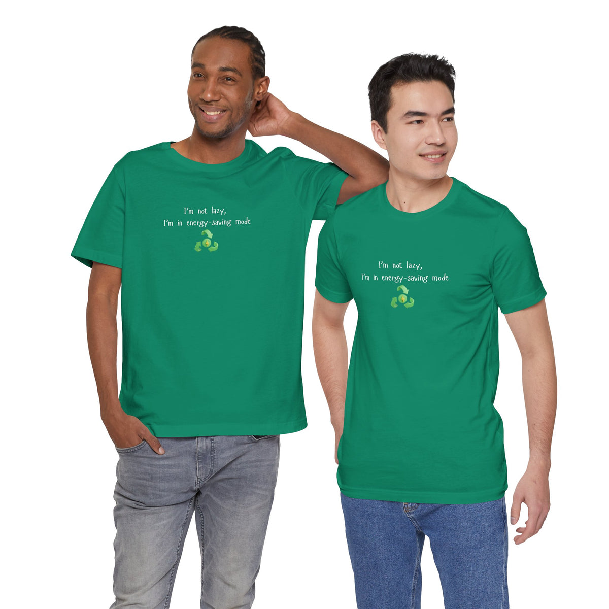 Eco-friendly mock T-shirt with humorous "I'm Not Lazy, I'm an Energy-Saving Mock" print from Printify, casual and comfortable fit.