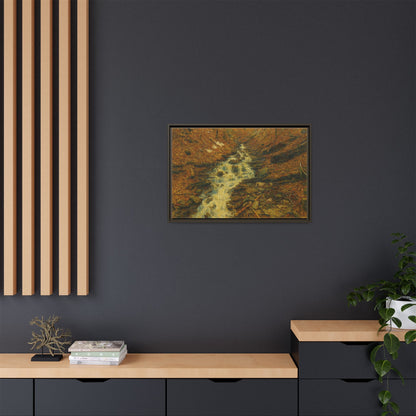 Framed matte canvas print of autumn stream landscape artwork by Printify, showcasing vibrant fall colors and serene water scene.