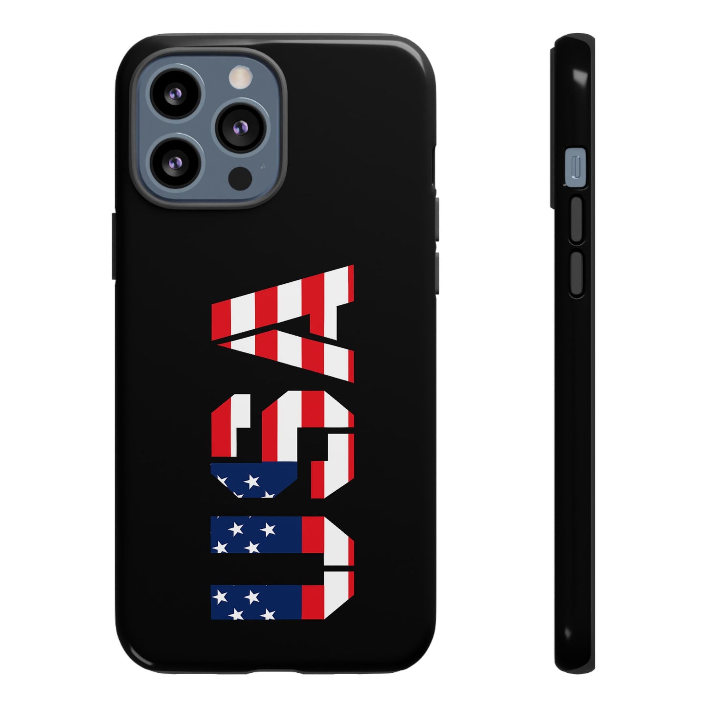 Patriotic American flag phone case by Printify, rugged design protecting an iPhone with bold red, white, and blue flag pattern.