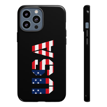 Patriotic American flag phone case by Printify, rugged design protecting an iPhone with bold red, white, and blue flag pattern.