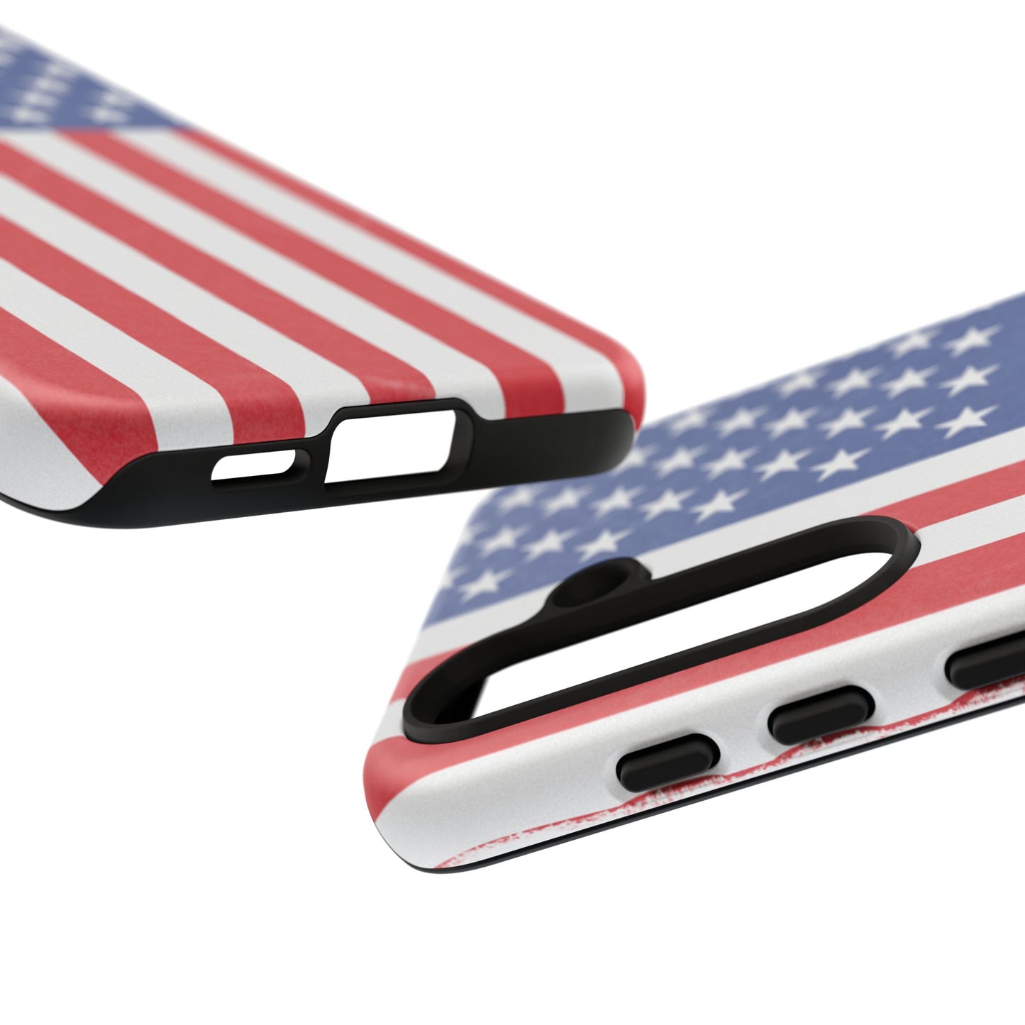Durable American flag tough phone case for iPhone, featuring patriotic red, white, and blue design with rugged protective build.