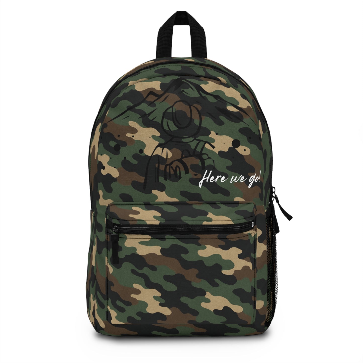 Printify camo backpack featuring a rugged design, ideal for school, hiking, and travel, perfect for outdoorsy friends.