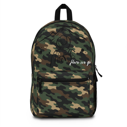 Printify camo backpack featuring a rugged design, ideal for school, hiking, and travel, perfect for outdoorsy friends.