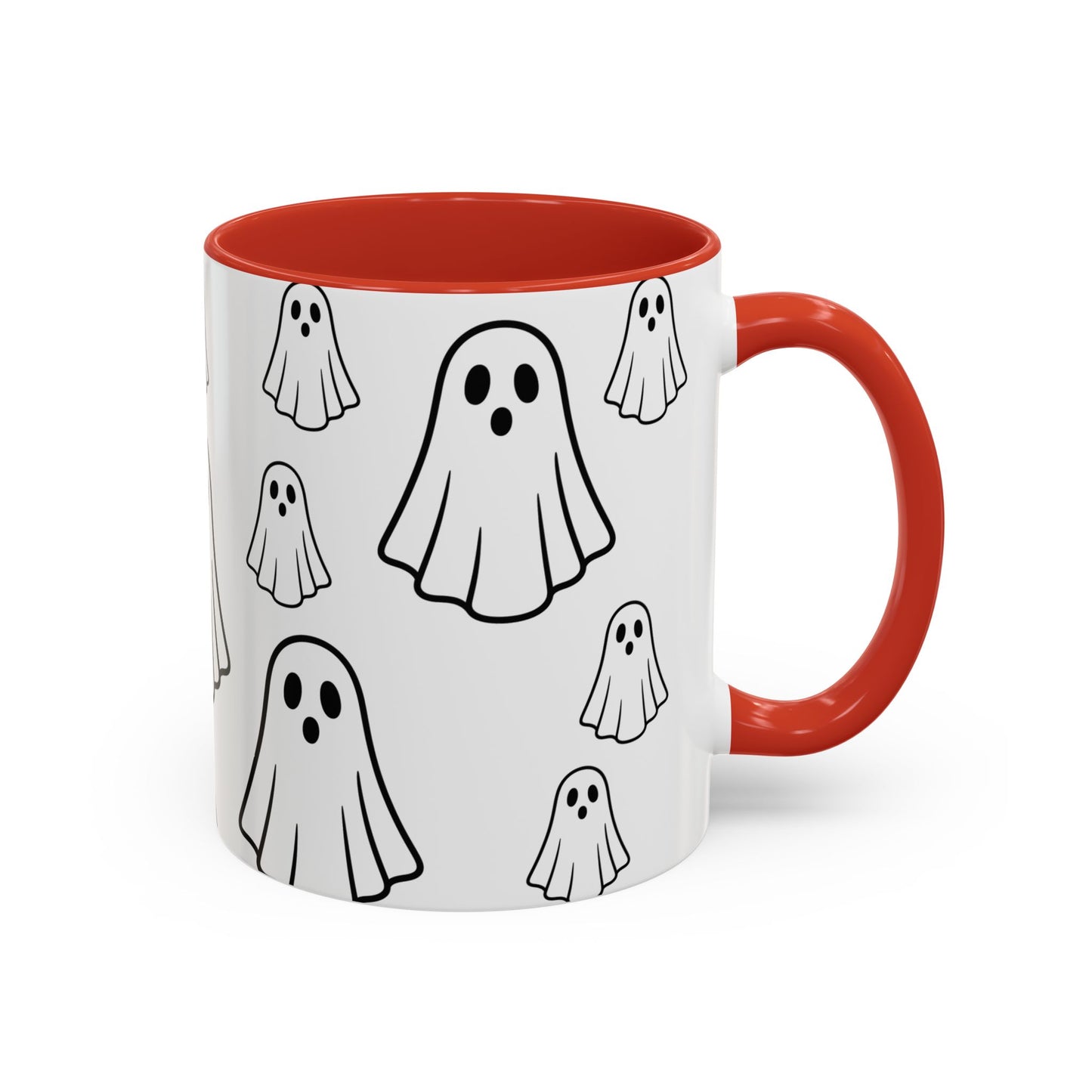 White ceramic coffee mug with ghost pattern design, 11oz, featuring a cute Halloween-themed print from Printify.