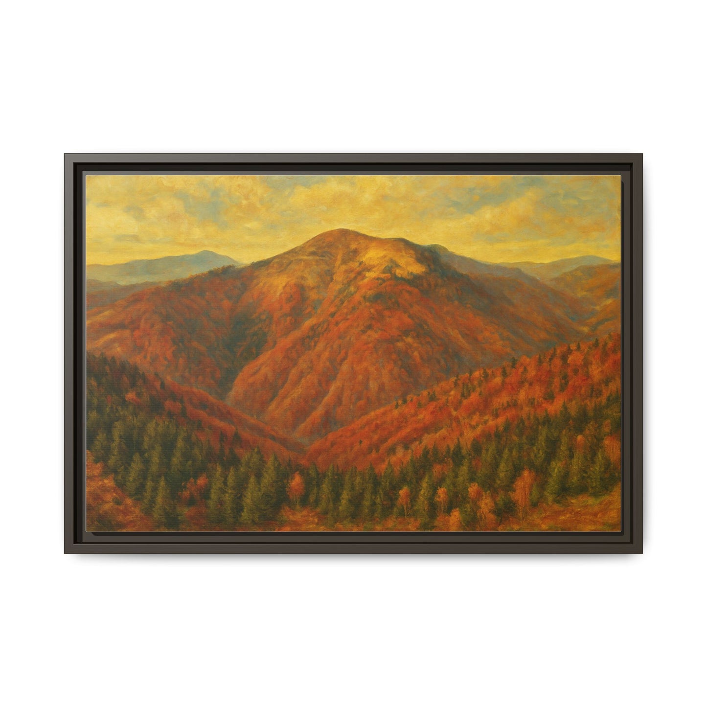 Autumn mountain matte canvas framed wall art by Printify showing a scenic mountain landscape in warm autumn colors.