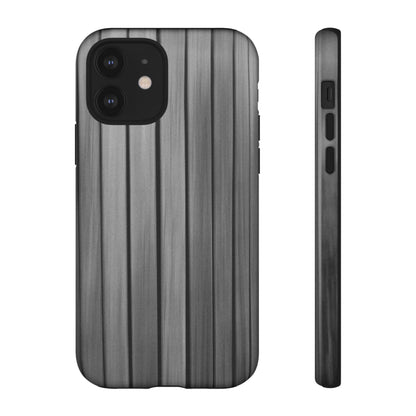 Ribbed metal texture tough protective iPhone case by Printify, showing close-up of the durable, ribbed design on a smartphone.