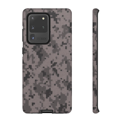 Gray digital camouflage phone case by Printify, tough protective cover for smartphones with a rugged camo design.