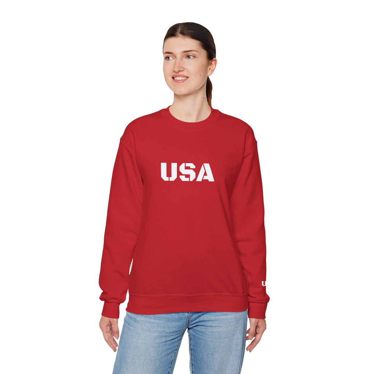USA Printify crewneck sweatshirt with patriotic design, cozy fit, suitable for all seasons, featuring stars and stripes details.