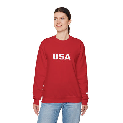 USA Printify crewneck sweatshirt with patriotic design, cozy fit, suitable for all seasons, featuring stars and stripes details.