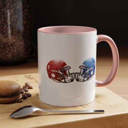 Football Helmet Coffee Mug — Red vs Blue Rivalry Accent Mug (11/15oz)