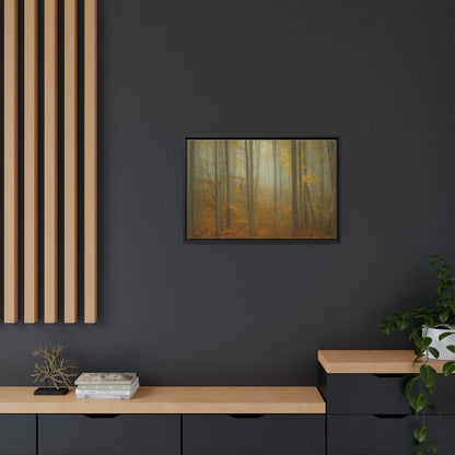 Framed matte canvas wall art depicting a misty autumn forest scene, featuring vibrant fall colors and detailed forest imagery.