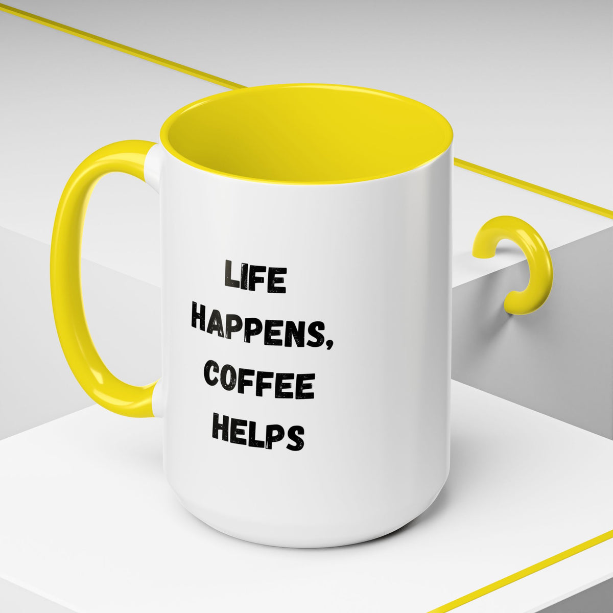 Black ceramic mug with "Life Happens Coffee Helps" inscription, 11oz size, with black handle and rim, from Printify.