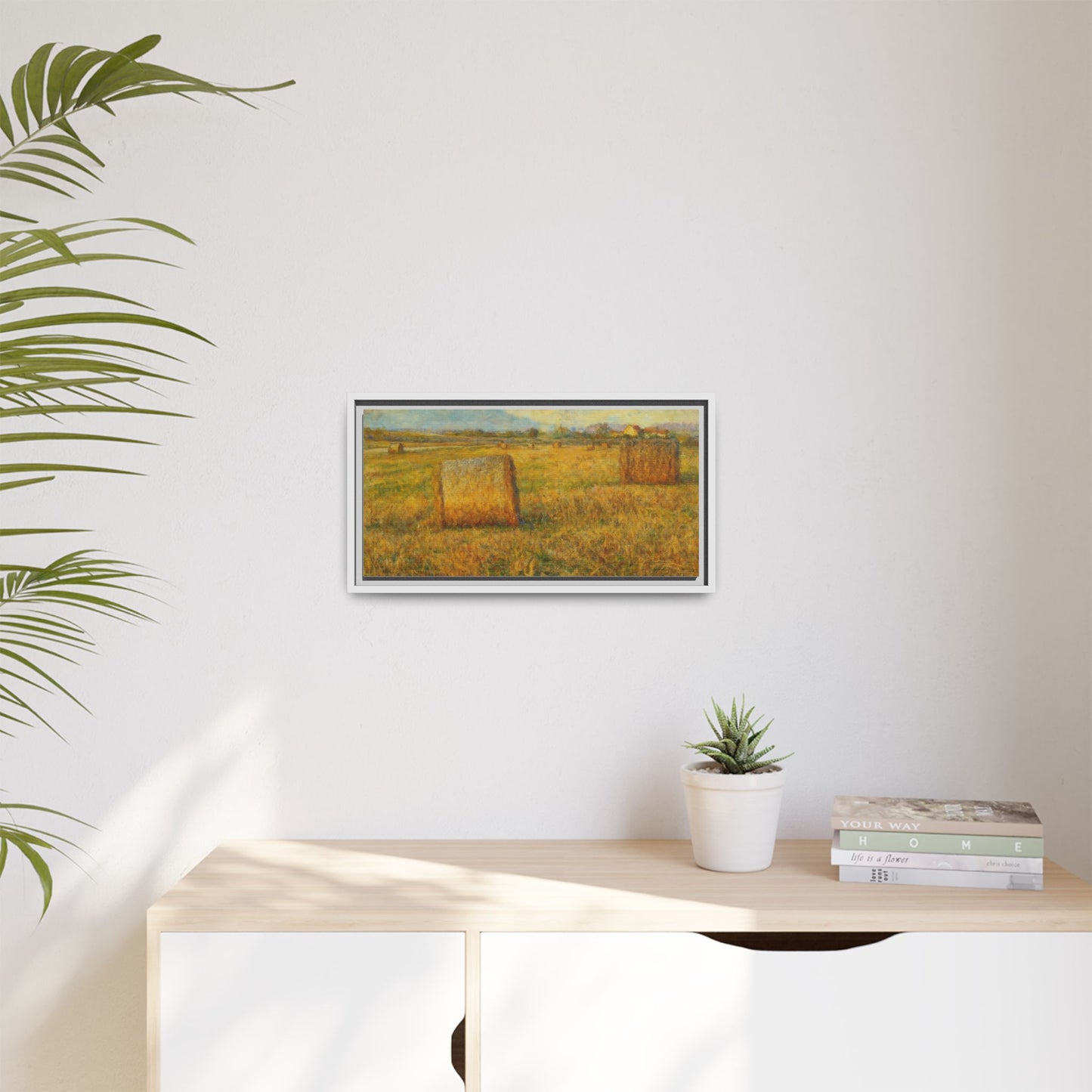 Framed rustic hayfield landscape canvas art by Printify, featuring a scenic rural countryside print on matte canvas.