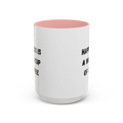 Ceramic coffee mug with "Happiness Is A Warm Cup Of Coffee" printed in black lettering on white background.