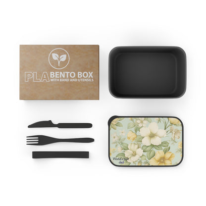 Yellow White Floral Pattern Bento Box with Band and Utensils | PLA Lunch Container
