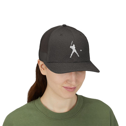 Vintage batter silhouette print on a baseball snapback trucker cap by Printify, showcasing classic hat style and design.