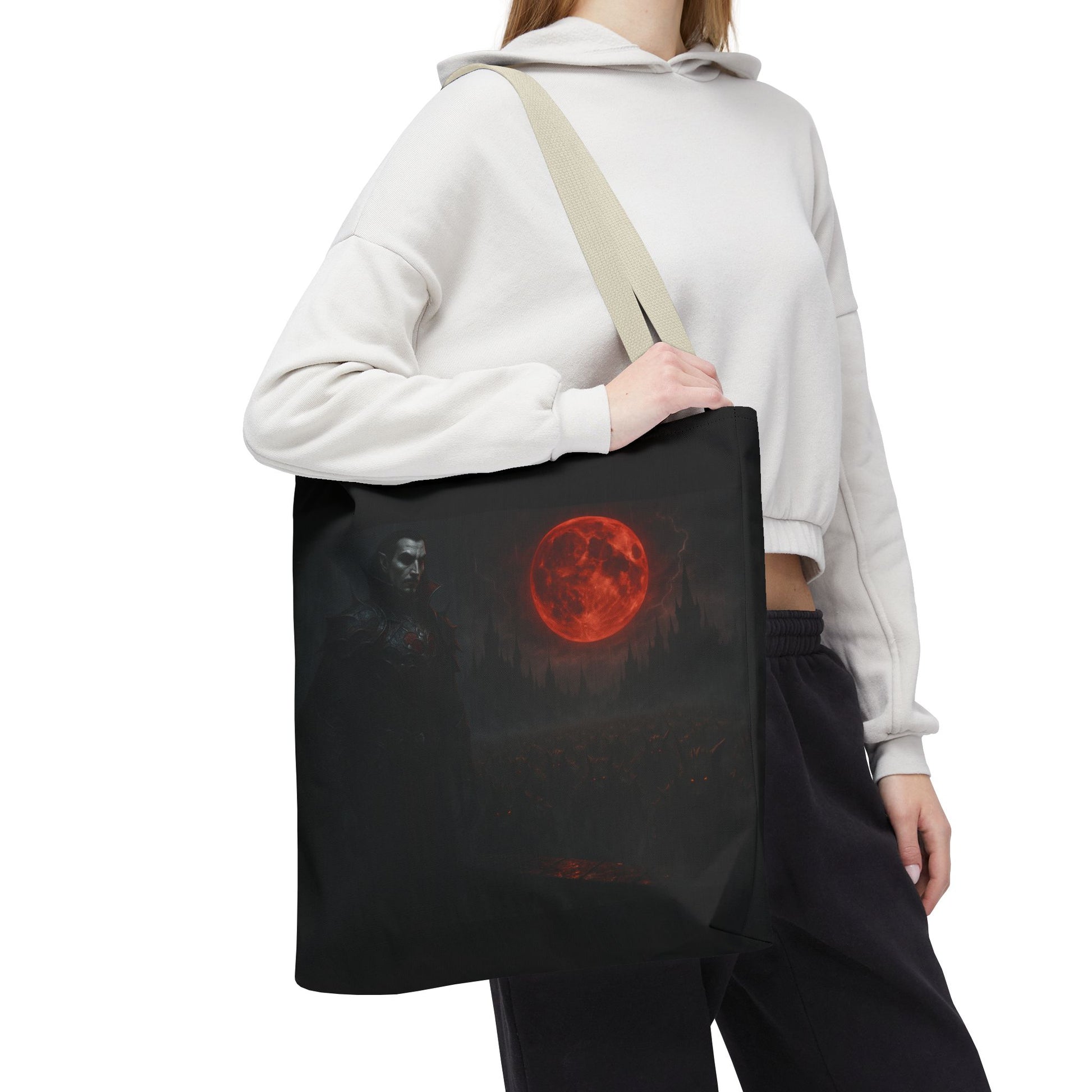 Gothic Dracula tote bag featuring moonlit vampire art, perfect for Halloween; durable fabric and spacious design.