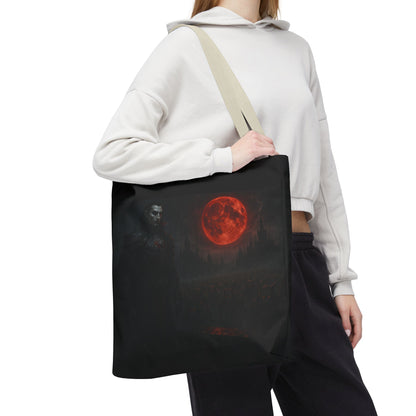 Gothic Dracula tote bag featuring moonlit vampire art, perfect for Halloween; durable fabric and spacious design.