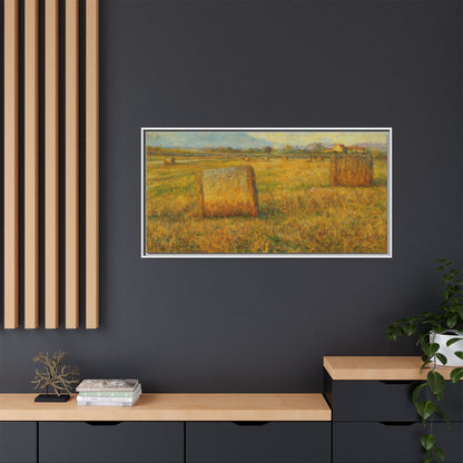 Rustic hayfield landscape print on framed matte canvas wall art by Printify, showcasing a peaceful rural scene.