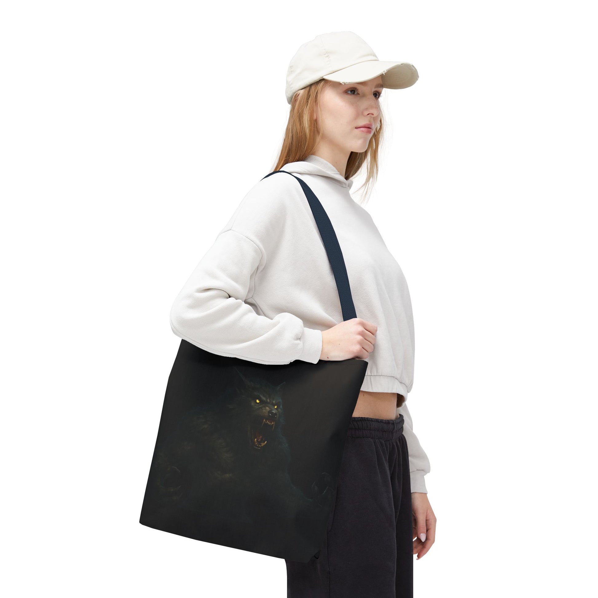 Werewolf tote bag featuring dark Halloween art, perfect for horror fans, made by Printify.