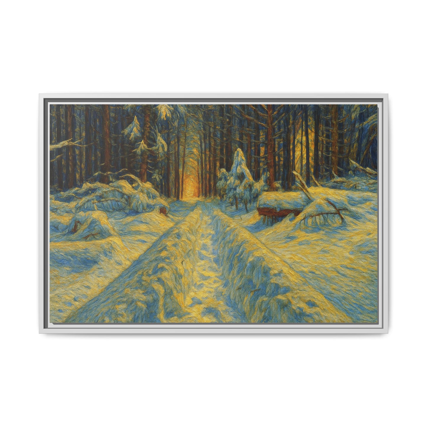 Framed matte canvas print of a snowy forest path at sunset, featuring vibrant colors and detailed woodland scenery.