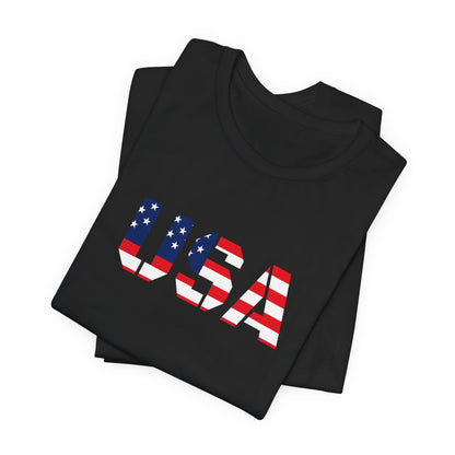 USA Flag Text Tee — Patriotic Fourth of July T-Shirt