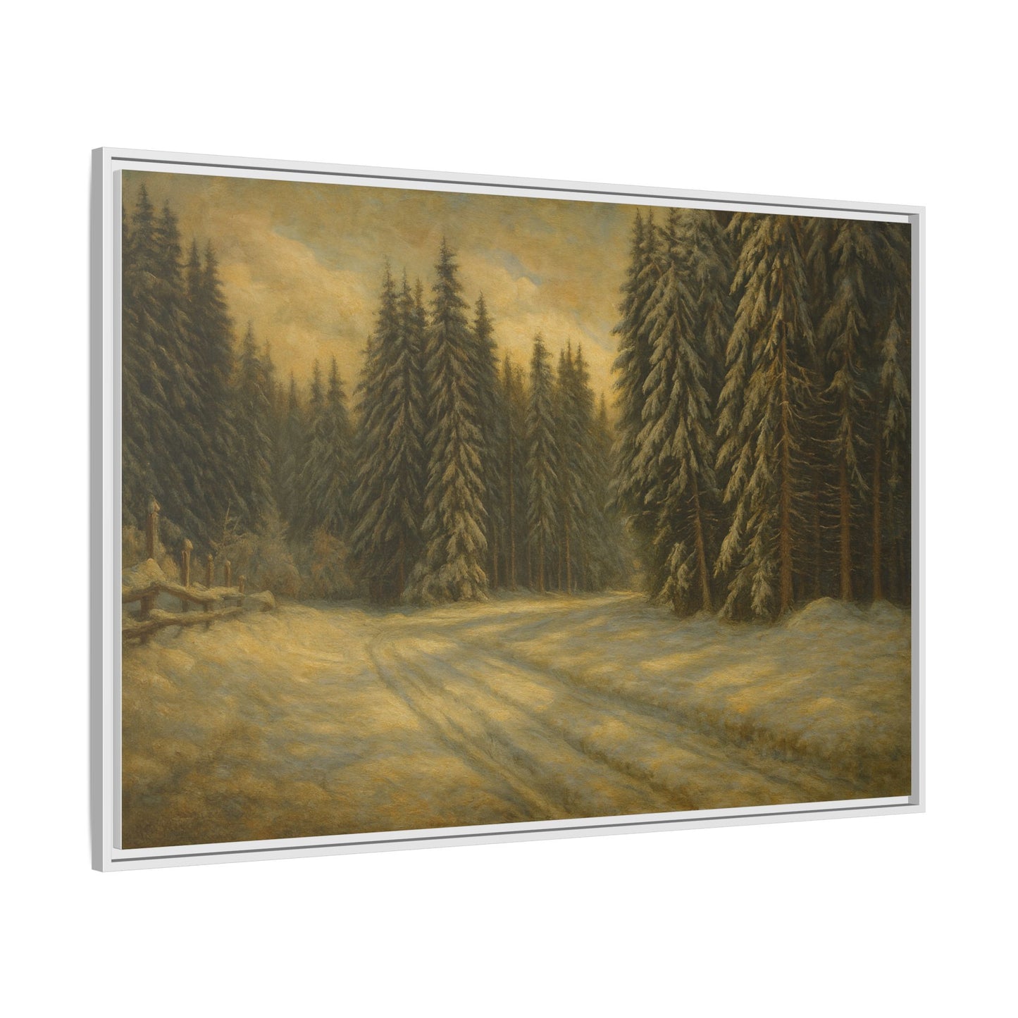 Framed matte canvas wall art featuring a winter forest landscape with snow-covered trees and serene natural scenery.