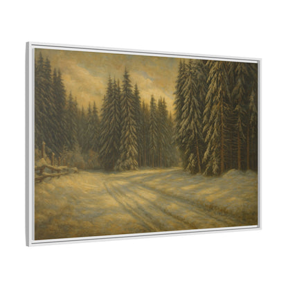 Framed matte canvas wall art featuring a winter forest landscape with snow-covered trees and serene natural scenery.