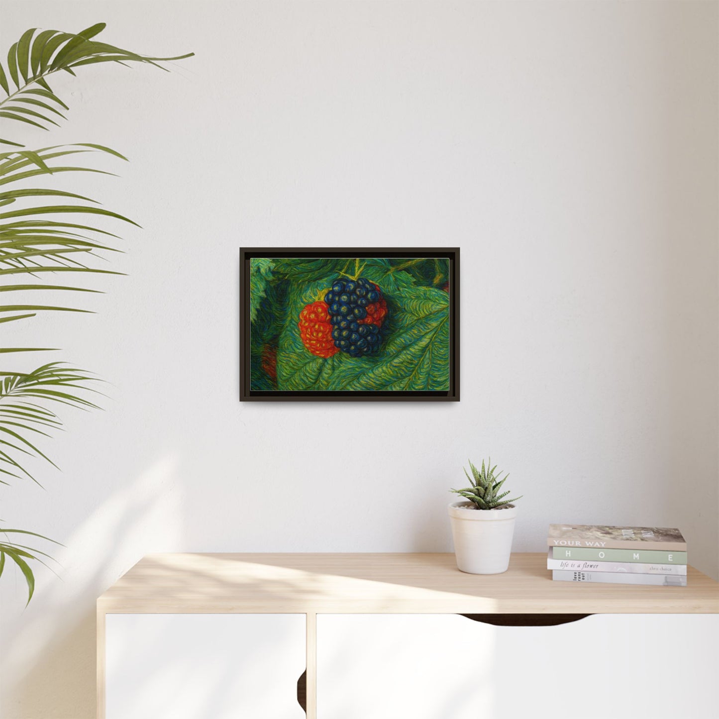 Framed canvas print of a blackberry still life artwork by Printify, featuring detailed blackberries on a textured canvas background.