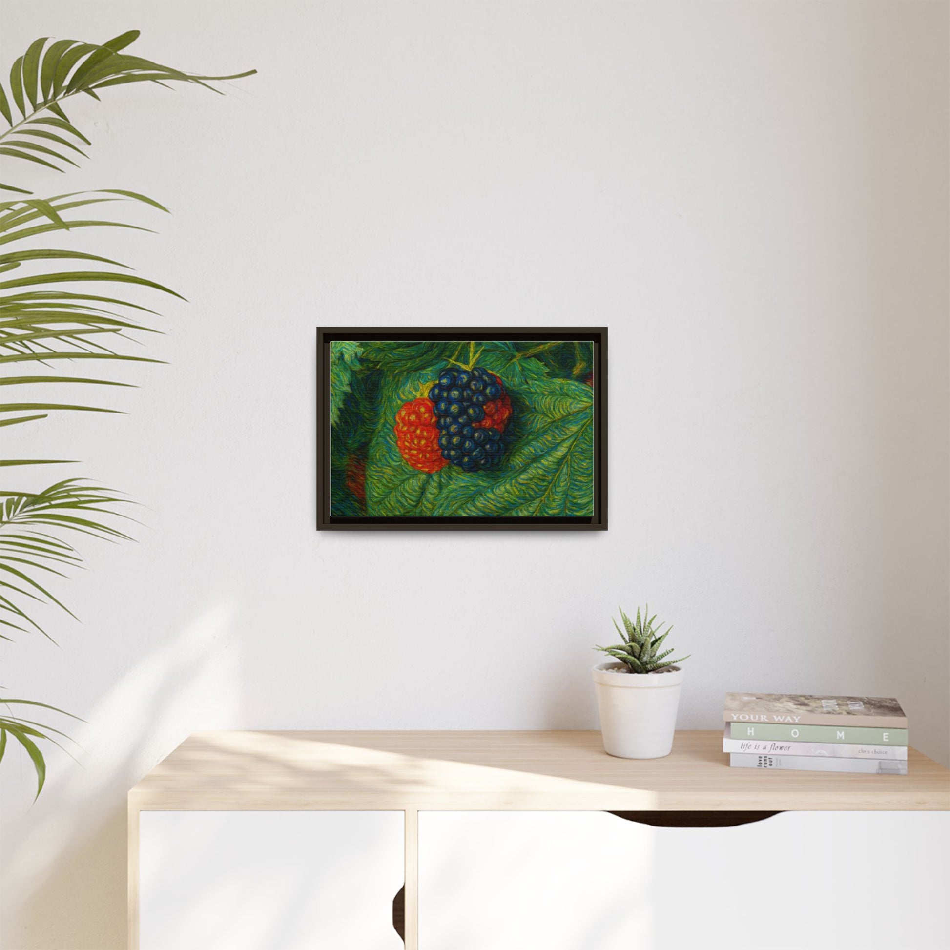 Framed canvas print of a blackberry still life artwork by Printify, featuring detailed blackberries on a textured canvas background.