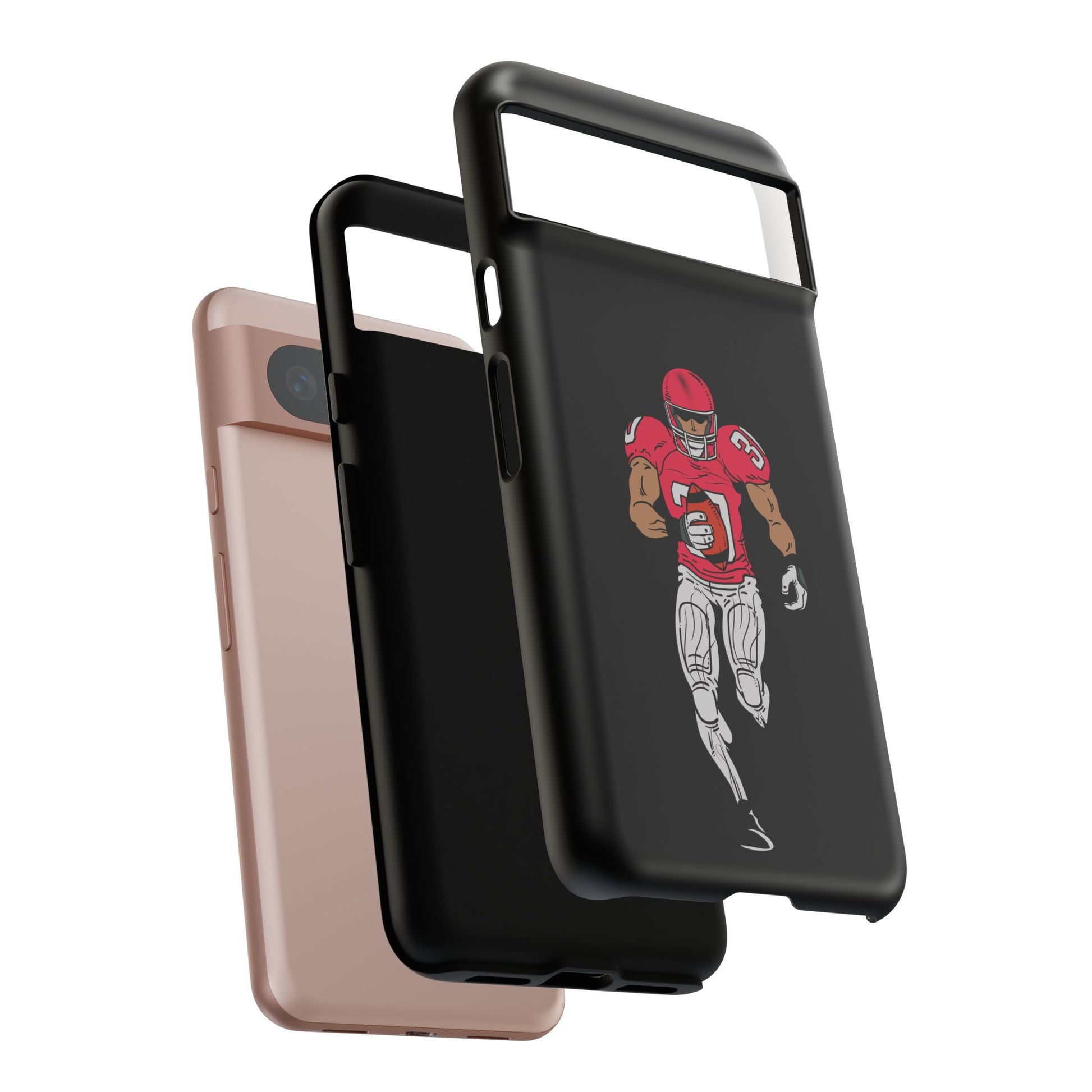 Black football player tough phone case for iPhone, protective sports-themed case with an athletic design.
