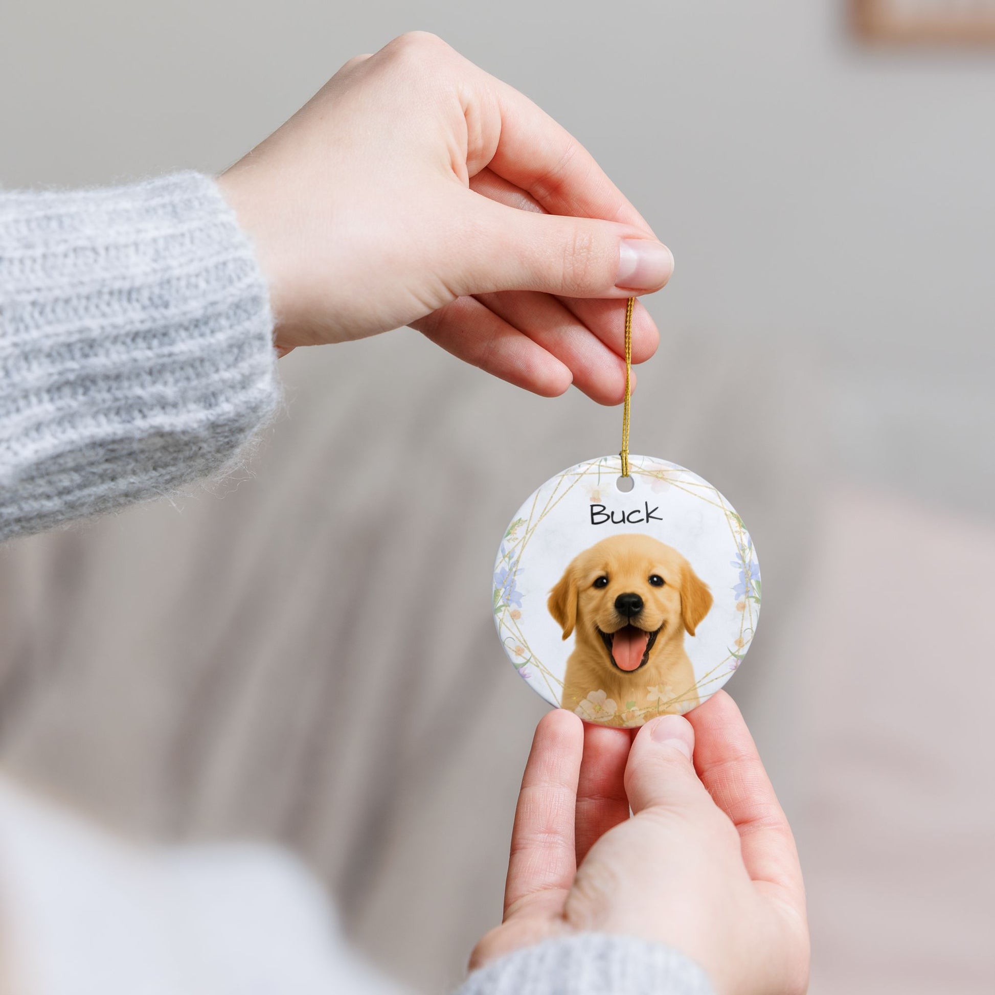 Golden Retriever Puppy Ornament, Ceramic Pet Photo Ornament | Personalized Name Option - TRV