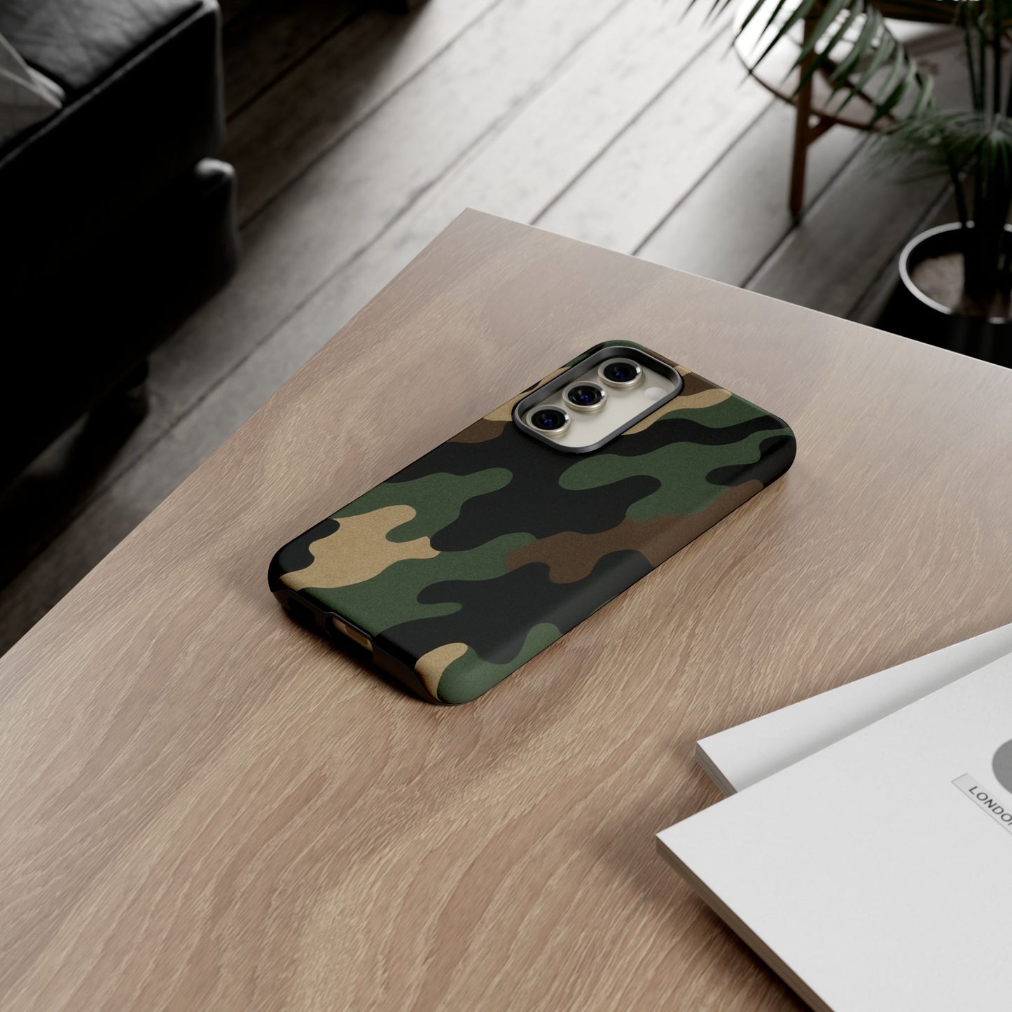 Military green camo tough phone case by Printify, rugged protective cover for smartphones with military-inspired design.