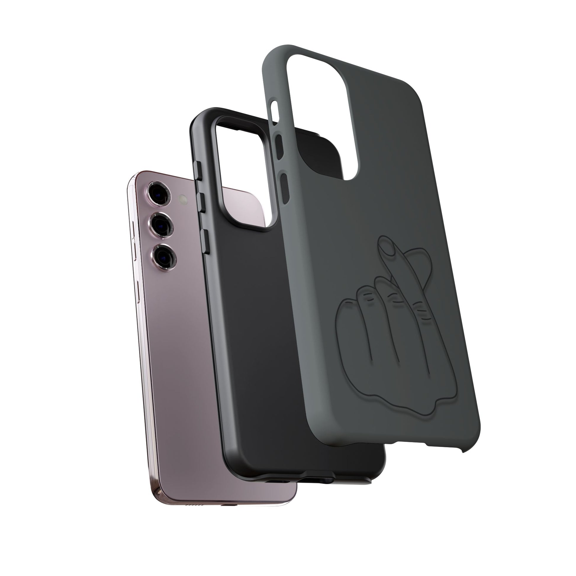 Silicone phone case with embossed Korean finger heart design, compatible with smartphones, by Printify.