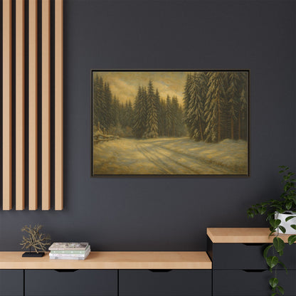 Framed matte canvas wall art featuring a winter forest landscape with snow-covered trees and peaceful woodland scenery.