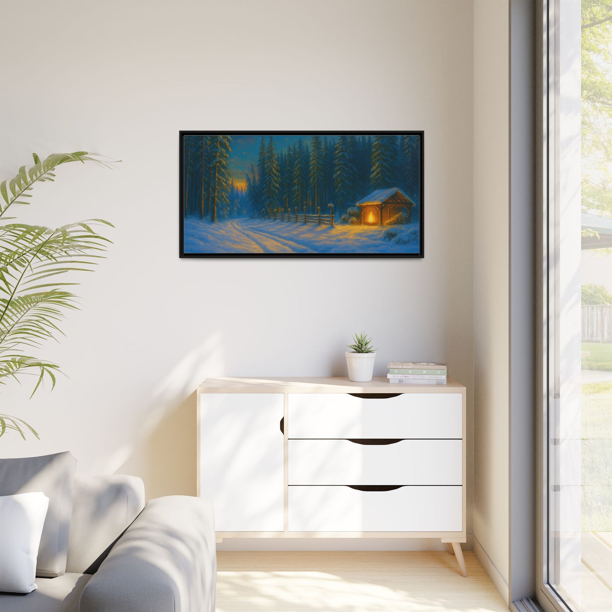 Cozy winter cabin canvas wall art by Printify featuring a snowy forest scene at dusk in a matte framed print.