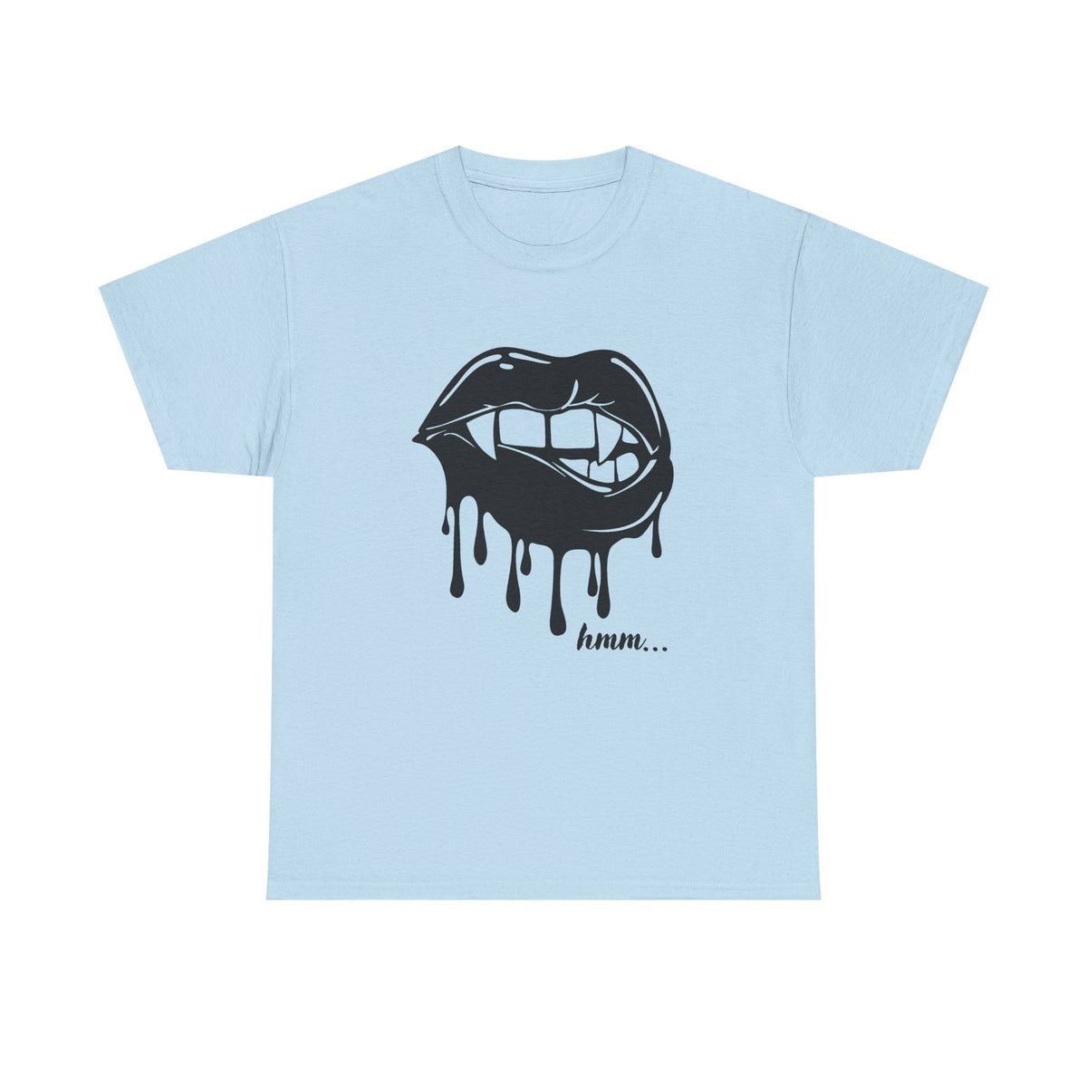 Black graphic t-shirt by Printify featuring dripping lips with 'hmm...' bite design on the front.