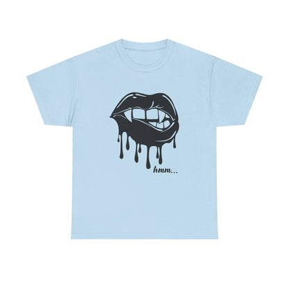 Black graphic t-shirt by Printify featuring dripping lips with 'hmm...' bite design on the front.