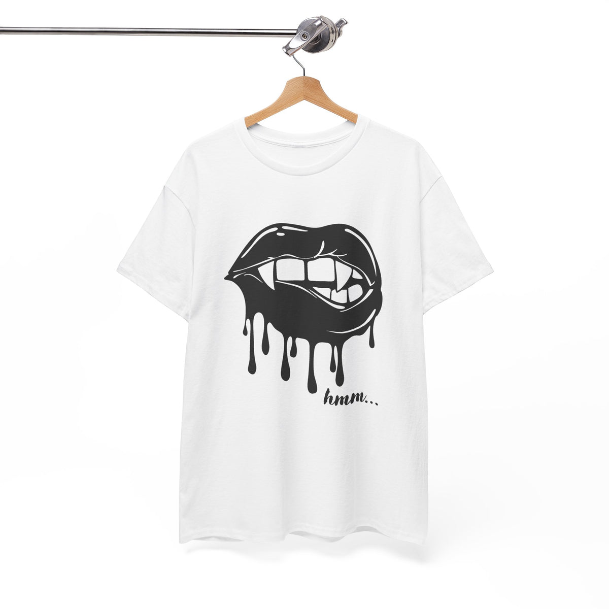 Graphic tee featuring dripping lips and "hmm..." bite design, black t-shirt by Printify with bold, artistic print.