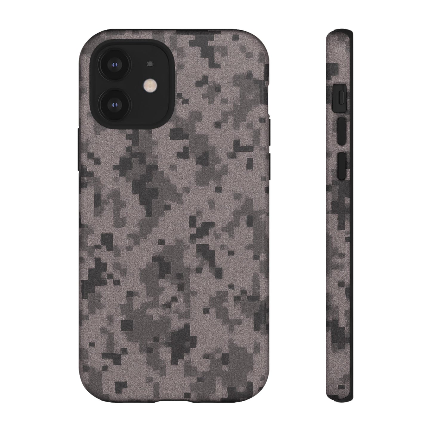 Gray digital camouflage phone case by Printify, rugged protective cover for smartphones with a tough, stylish camouflage design.