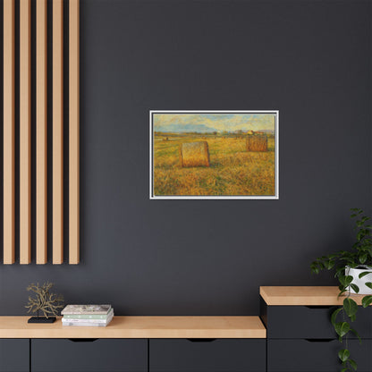 Framed matte canvas wall art featuring a rustic hayfield landscape print by Printify