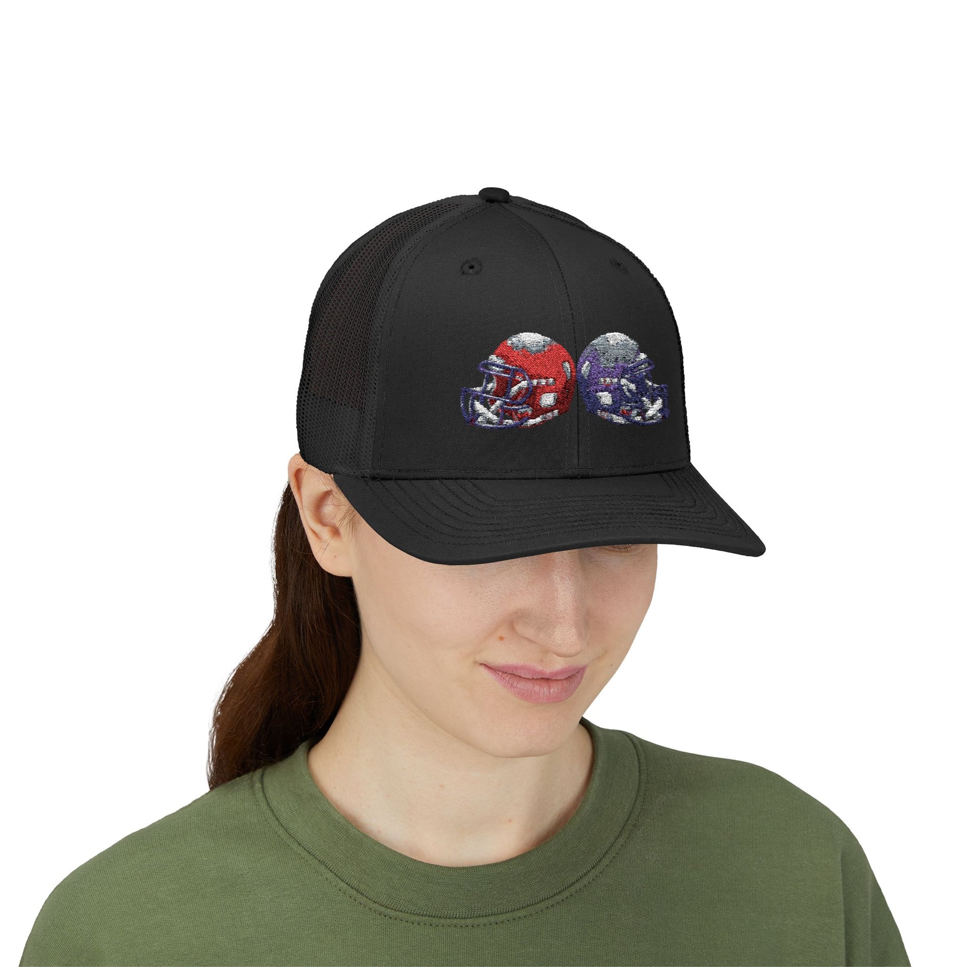 Sporty Snapback Trucker Cap with Football Helmets, Baseball Cap, Outdoor Activity Hat, Gift for Sports Fans, Team Spirit Wear - TRV