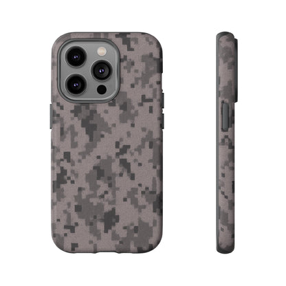 Gray digital camouflage phone case by Printify, tough protective cover fitting smartphones with a rugged camouflage design.