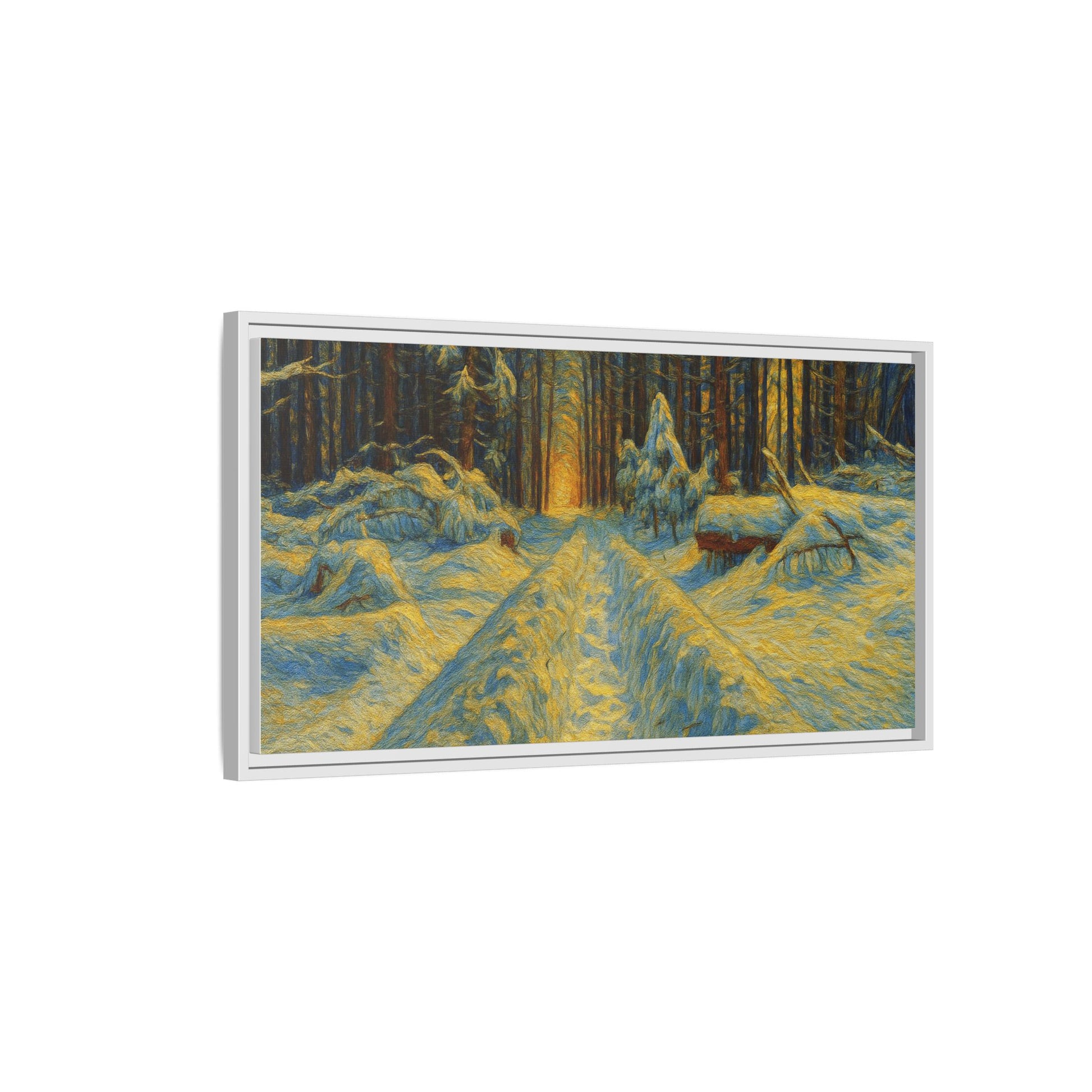Framed matte canvas print of snowy forest path at sunset, wall art by Printify showcasing winter landscape and serene nature scene.