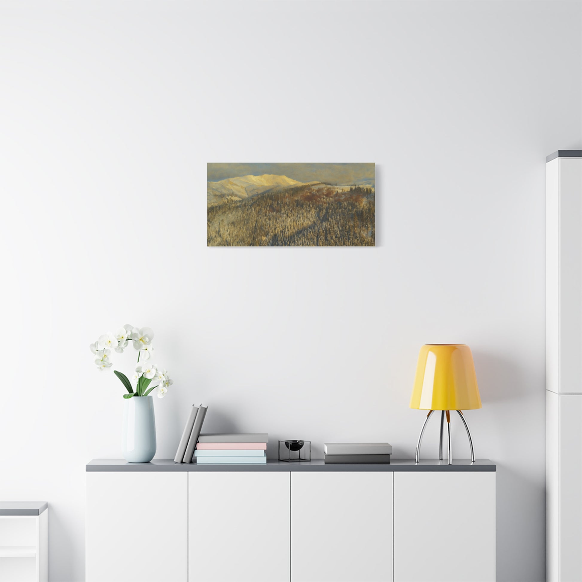 Winter mountain landscape matte canvas print by Printify, stretched 1.25 inches, featuring a scenic mountain scene with snowy peaks.
